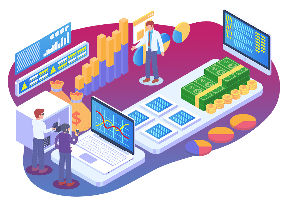 Analýza - finanční poradce a klient sledují grafy, peníze, mince, isometrický pohled